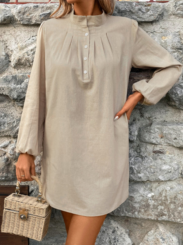 half-button-mock-neck-long-sleeve-mini-shirt-dress OhSoStyled - Sophia's Style-1